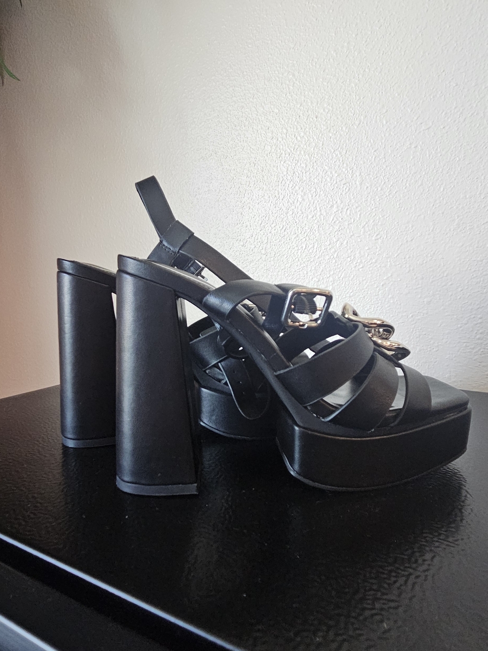 Black Platform Slingback Sandals with Silver Chain Accent - Picture 3 of 4